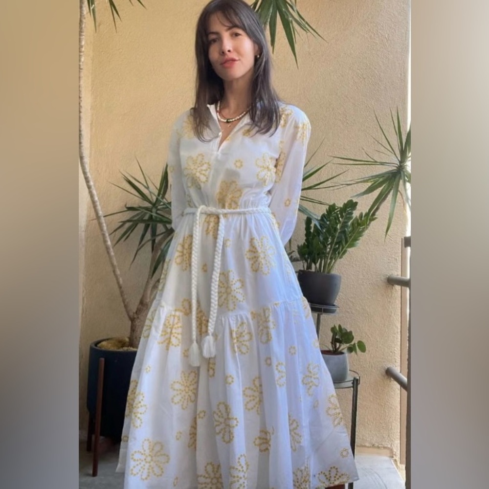 Alexis White Yellow Embroidered Eyelet 3/4 Sleeve Cottagecore Midi Dress.
